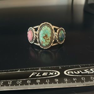 Turquoise 3 stone silver cuff bracelet